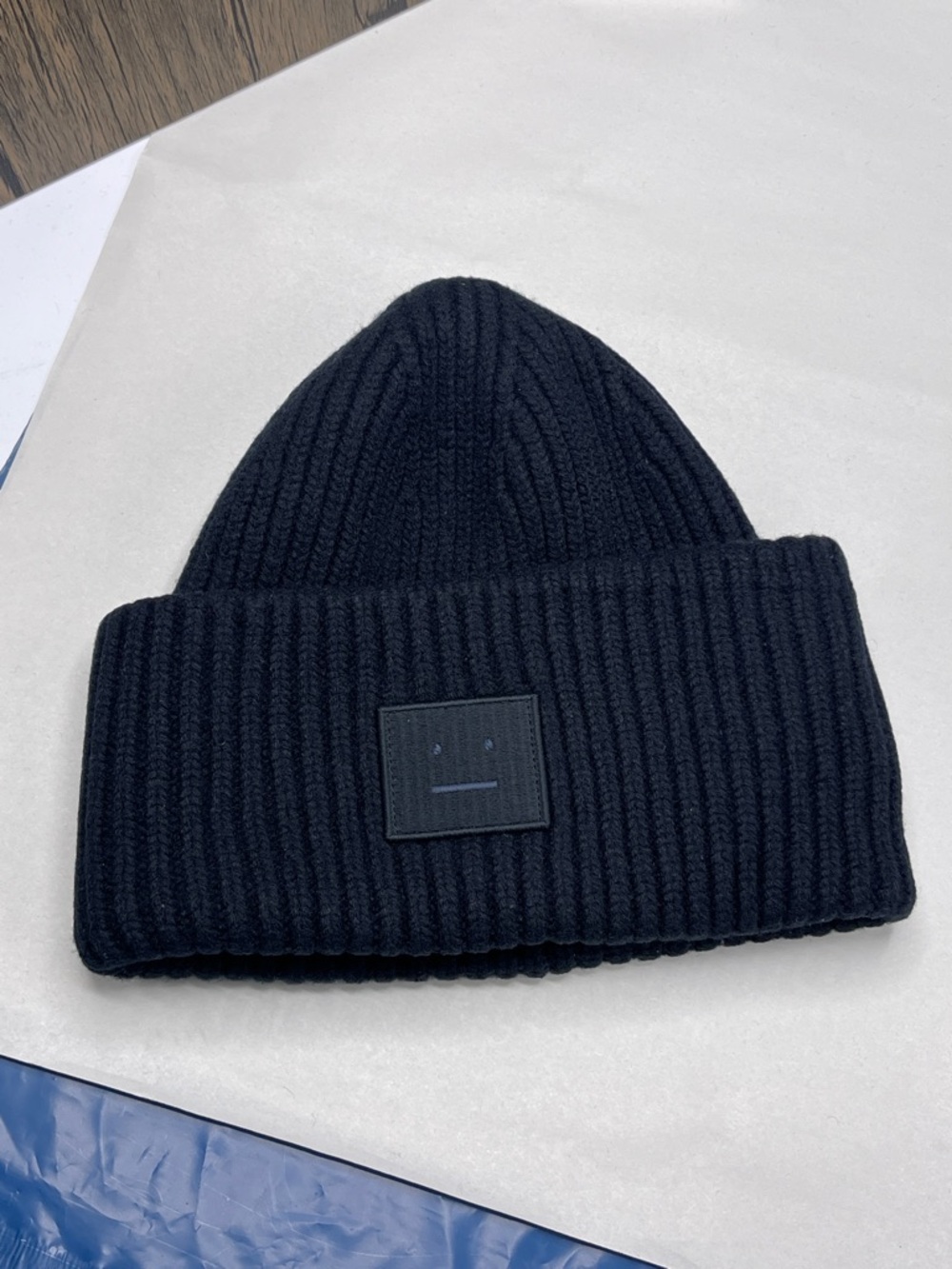 Acne Studios Pansy Wool Beanie Face Logo Ribbed Knit Hat One Size 56cm Cap Black